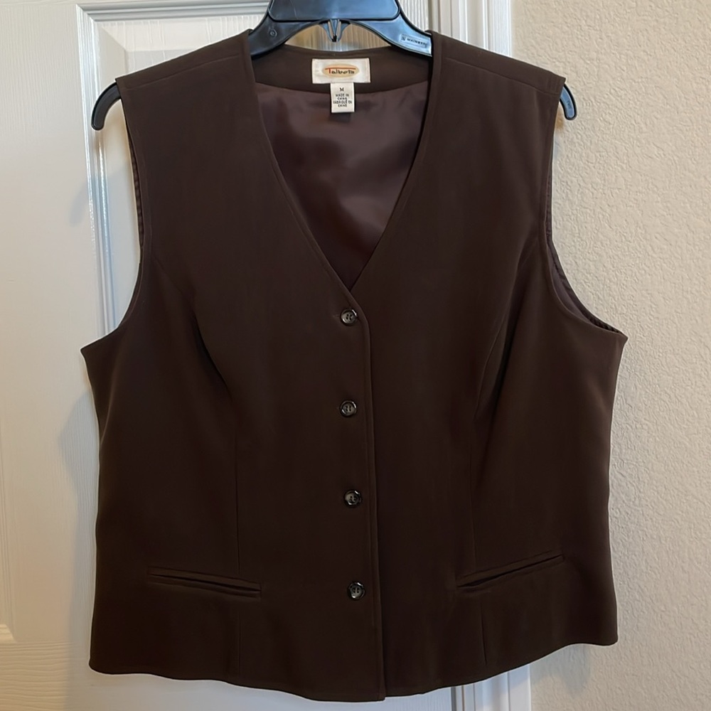 TALBOTS BROWN FAUX SUEDE V- NECK VEST, IN SIZE MEDIUM FULLY LINED